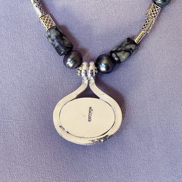 Vintage DENDRITIC AGATE 925 Silver Pendant Necklace Earring Set Parure - Picture 2 of 11